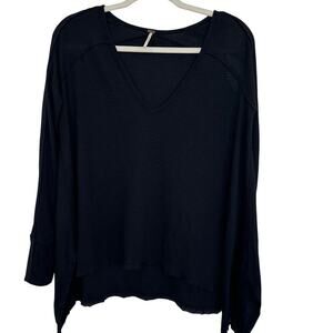 Free People Black Boho Waffle Knit Flowy Long Sleeve Pullover V-Neck,Size XS EUC